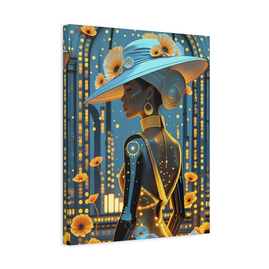 Elegant Futuristic Woman Canvas Print — Floral Hat Portrait Matte Stretched Art