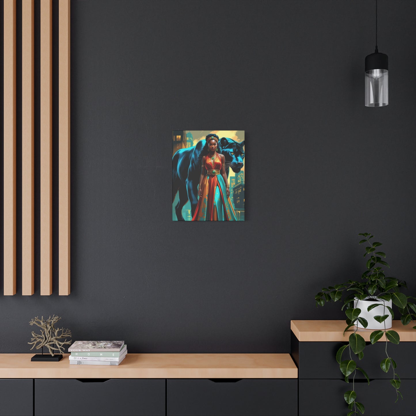 Regal Panther Guardian Matte Canvas Wall Art — Afrocentric Queen in Vibrant Gown