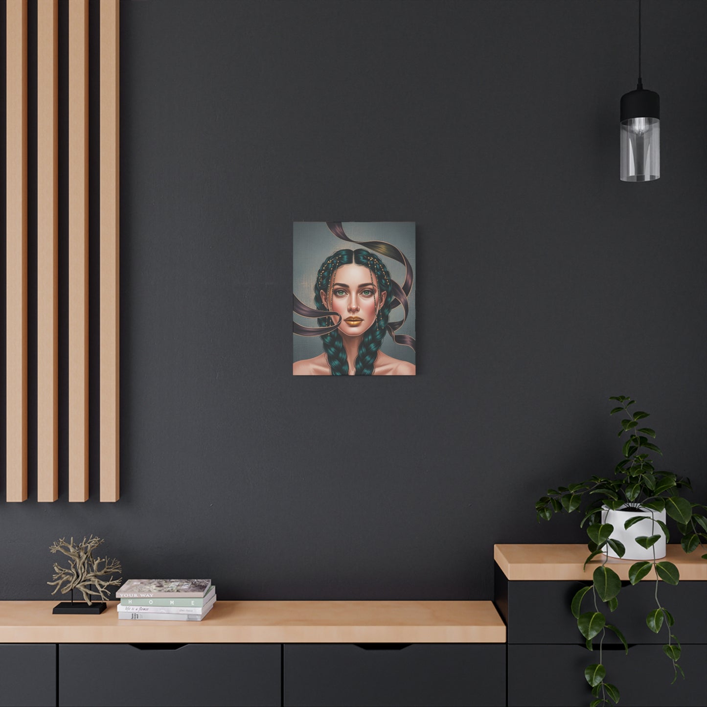 Goddess Portrait Matte Canvas Print — Teal Braided Hair Wall Art