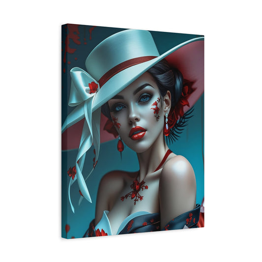 Elegant Lady Portrait Matte Canvas Print — Fashionable Woman in White Hat