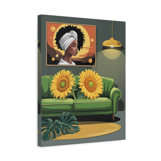 Sunflower Living Room Canvas Art – Afrocentric Woman Portrait, Green Sofa Wall Decor
