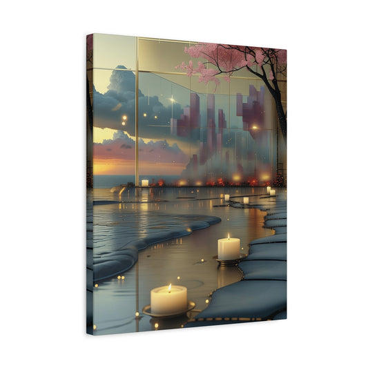 Tranquil Shoreline Canvas Print — Serenity Candles & Cherry Blossom Wall Art