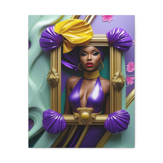Regal Afro-Pop Canvas Art – Vibrant Purple & Gold Portrait