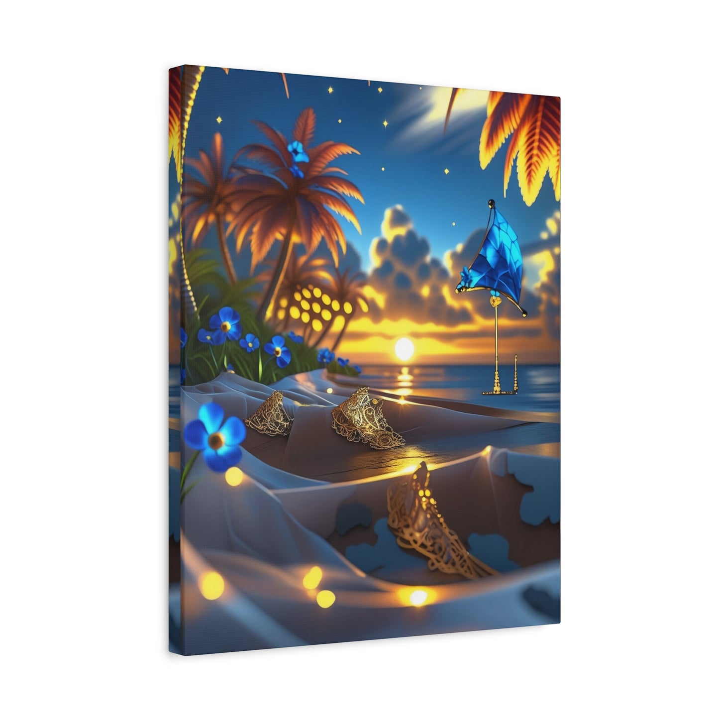 Tropical Sunset Beach Canvas Print — Vibrant Palm & Seashell Wall Art