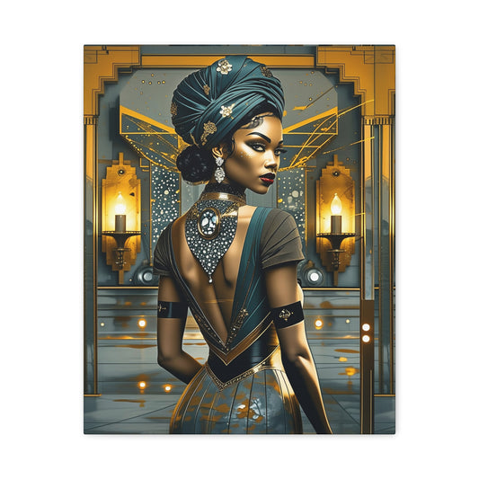 Art Deco Black Femme Portrait Canvas — Elegant Golden Glamour Wall Art