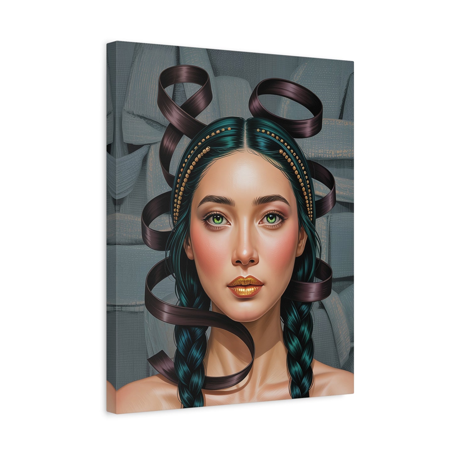 Surreal Portrait Canvas Print — Braided Woman with Ribbon Hair, Matte Stretched Art