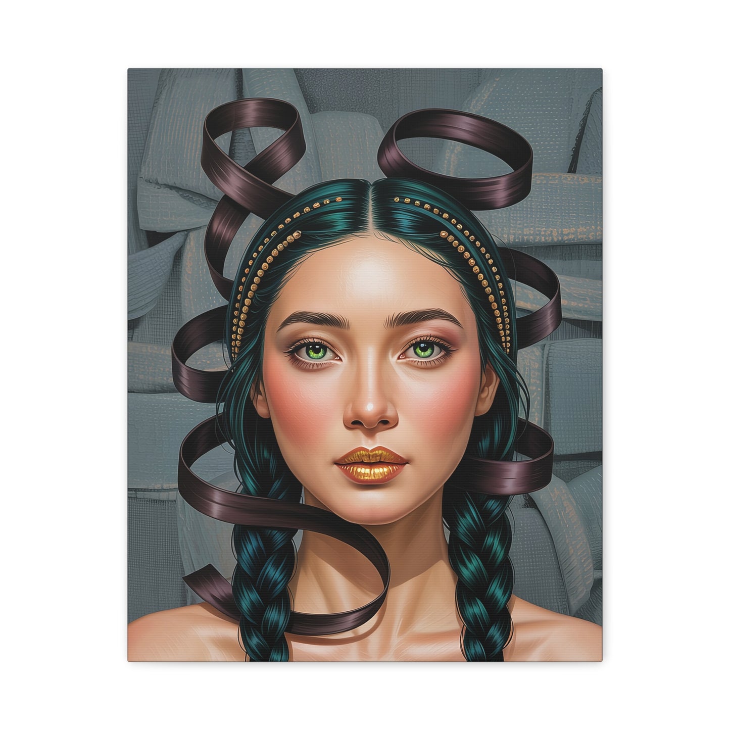 Surreal Portrait Canvas Print — Braided Woman with Ribbon Hair, Matte Stretched Art