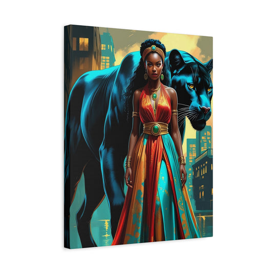Regal Panther Guardian Matte Canvas Wall Art — Afrocentric Queen in Vibrant Gown