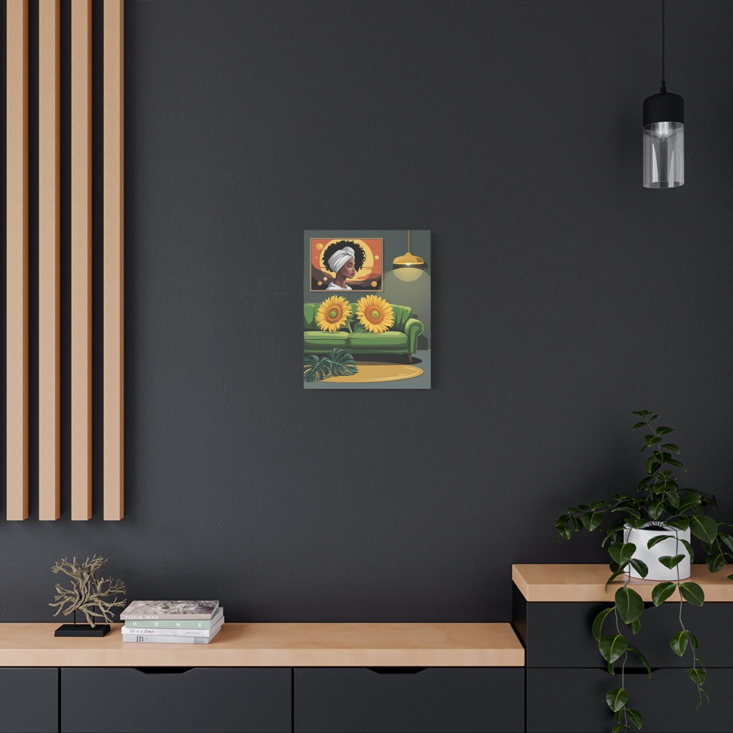 Sunflower Living Room Canvas Art – Afrocentric Woman Portrait, Green Sofa Wall Decor