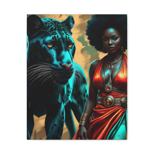 Afro Warrior Woman with Black Panther Canvas