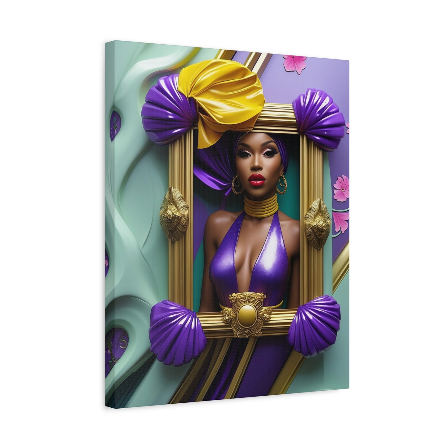 Regal Afro-Pop Canvas Art – Vibrant Purple & Gold Portrait