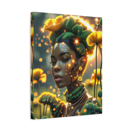 Floral Goddess Matte Canvas Wall Art — Ethereal Portrait with Golden Poppies