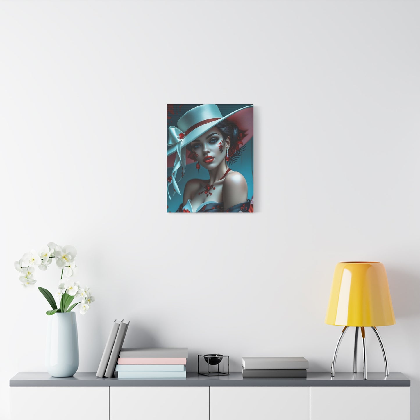 Elegant Lady Portrait Matte Canvas Print — Fashionable Woman in White Hat
