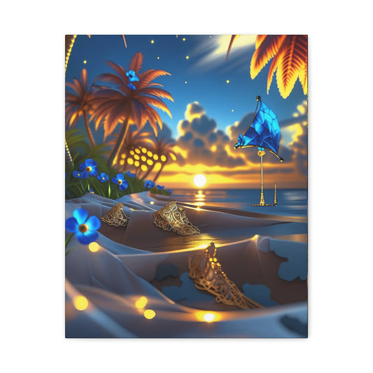 Tropical Sunset Beach Canvas Print — Vibrant Palm & Seashell Wall Art