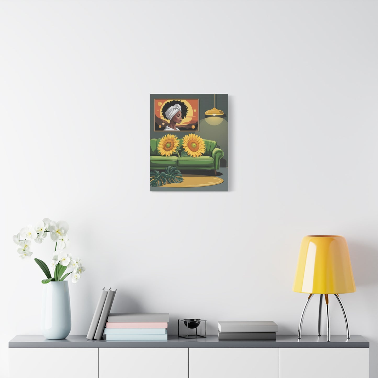 Sunflower Living Room Canvas Art – Afrocentric Woman Portrait, Green Sofa Wall Decor