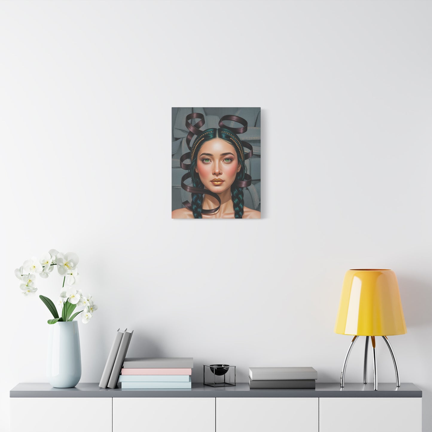 Surreal Portrait Canvas Print — Braided Woman with Ribbon Hair, Matte Stretched Art