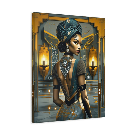 Art Deco Black Femme Portrait Canvas — Elegant Golden Glamour Wall Art