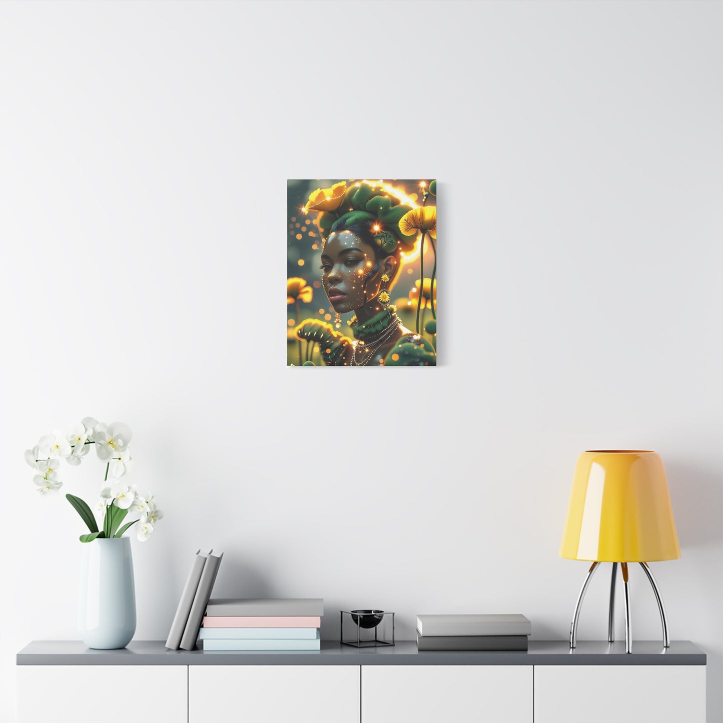 Floral Goddess Matte Canvas Wall Art — Ethereal Portrait with Golden Poppies