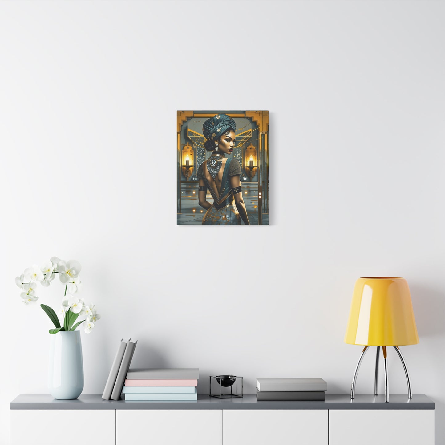 Art Deco Black Femme Portrait Canvas — Elegant Golden Glamour Wall Art