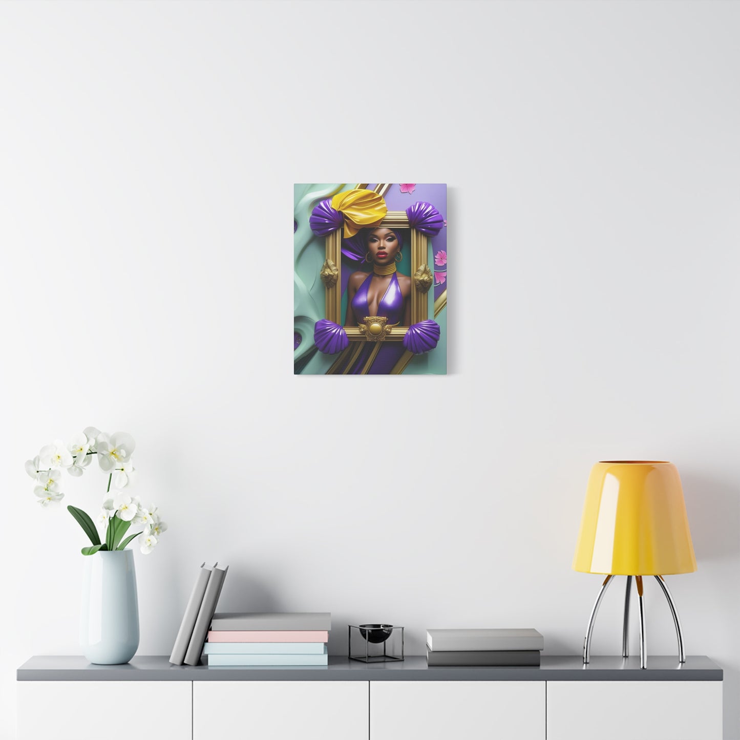 Regal Afro-Pop Canvas Art – Vibrant Purple & Gold Portrait