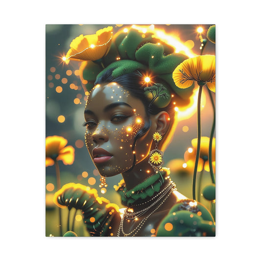 Floral Goddess Matte Canvas Wall Art — Ethereal Portrait with Golden Poppies