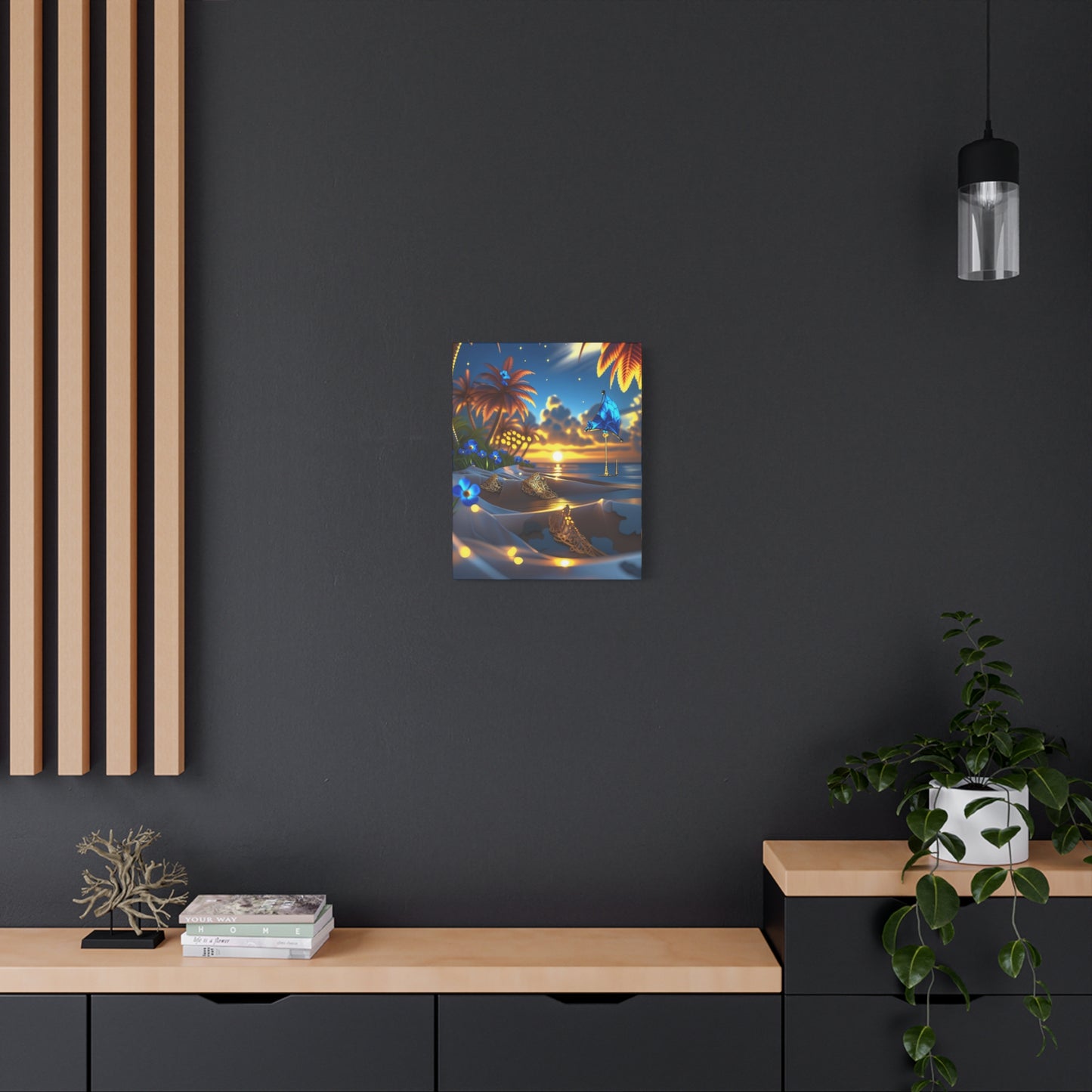 Tropical Sunset Beach Canvas Print — Vibrant Palm & Seashell Wall Art