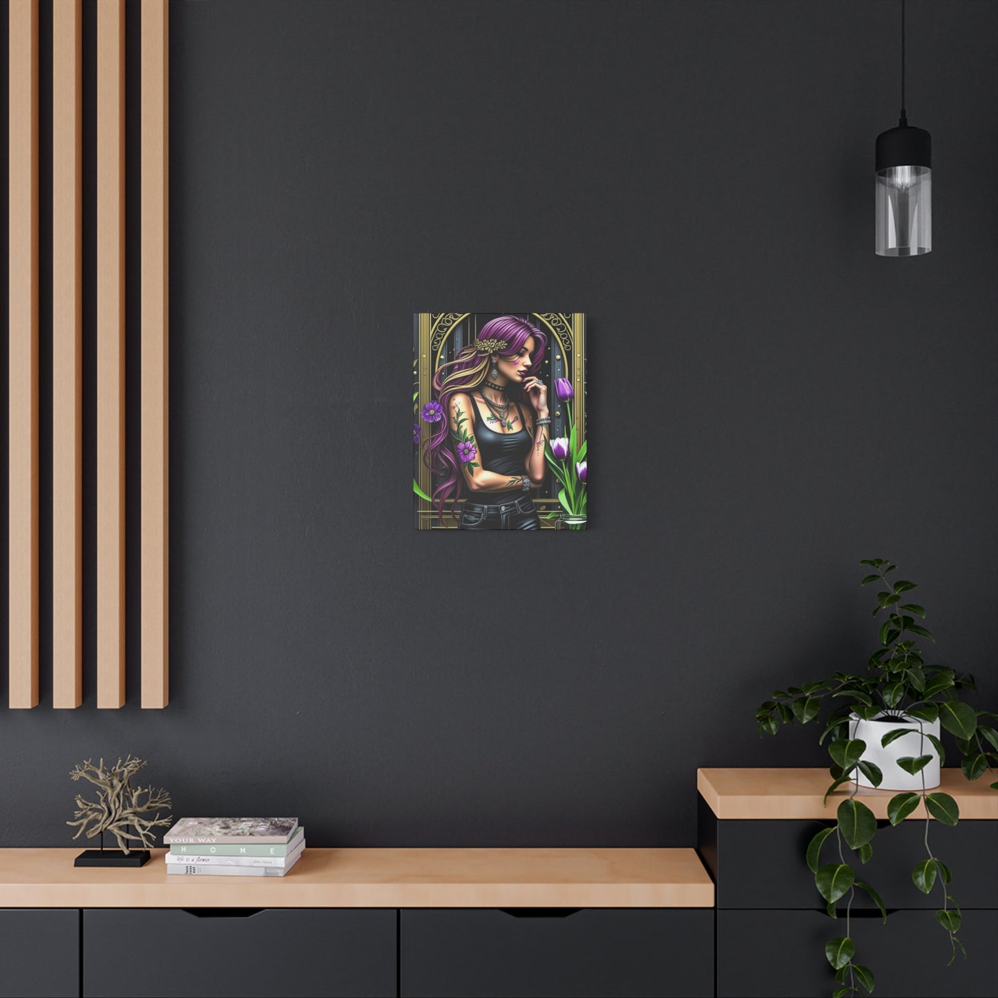 Gothic Floral Woman Matte Canvas Art — Purple Hair Tattooed Portrait, Stretched Wall Print