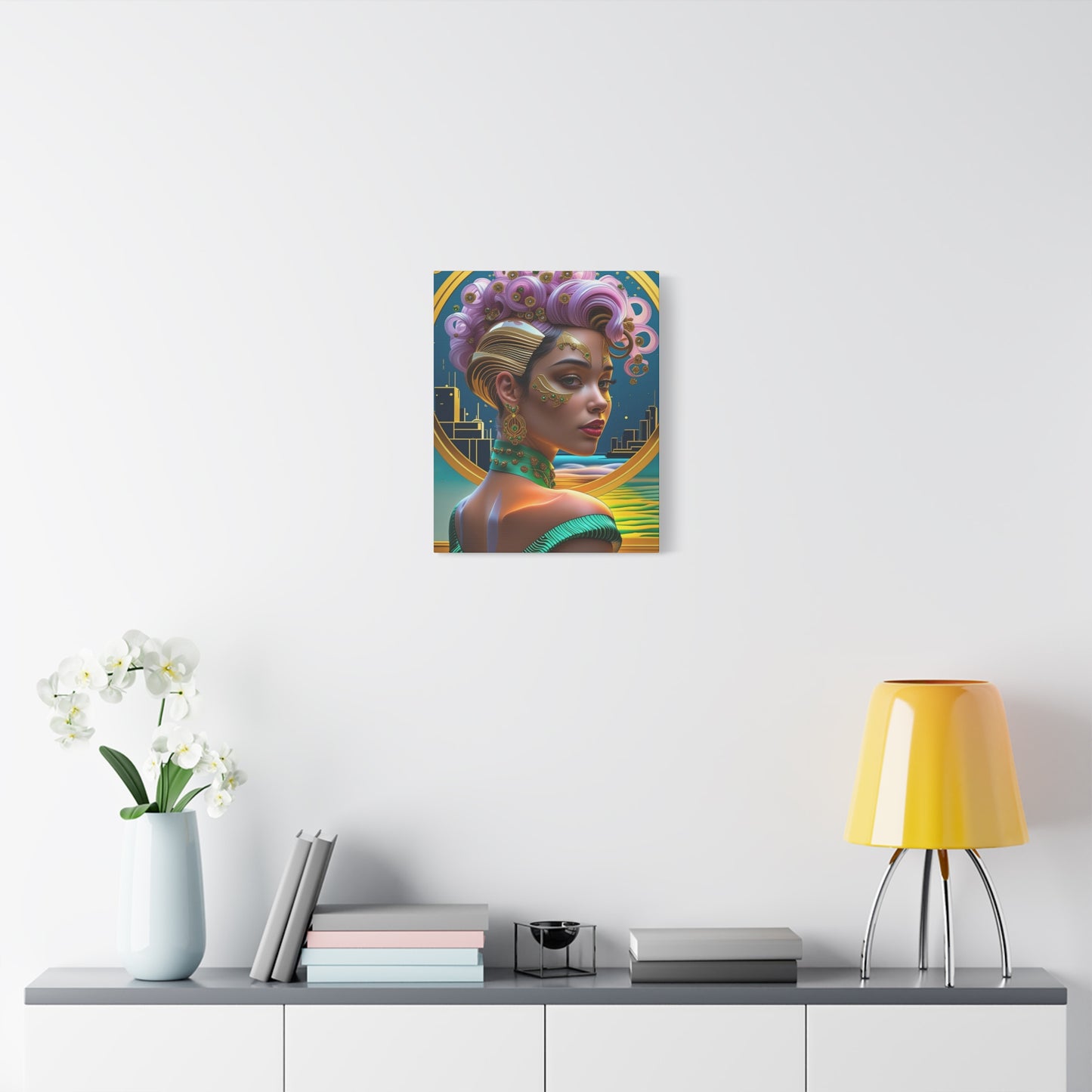Art Deco Portrait Canvas — Futuristic Femme Matte Stretched Wall Art