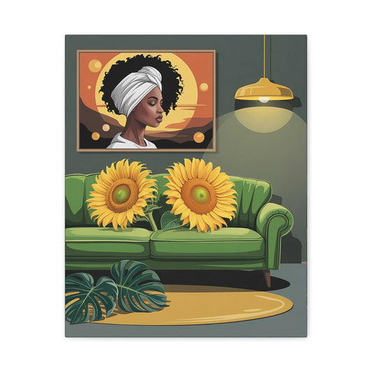 Sunflower Living Room Canvas Art – Afrocentric Woman Portrait, Green Sofa Wall Decor