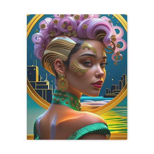 Art Deco Portrait Canvas — Futuristic Femme Matte Stretched Wall Art