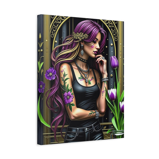 Gothic Floral Woman Matte Canvas Art — Purple Hair Tattooed Portrait, Stretched Wall Print