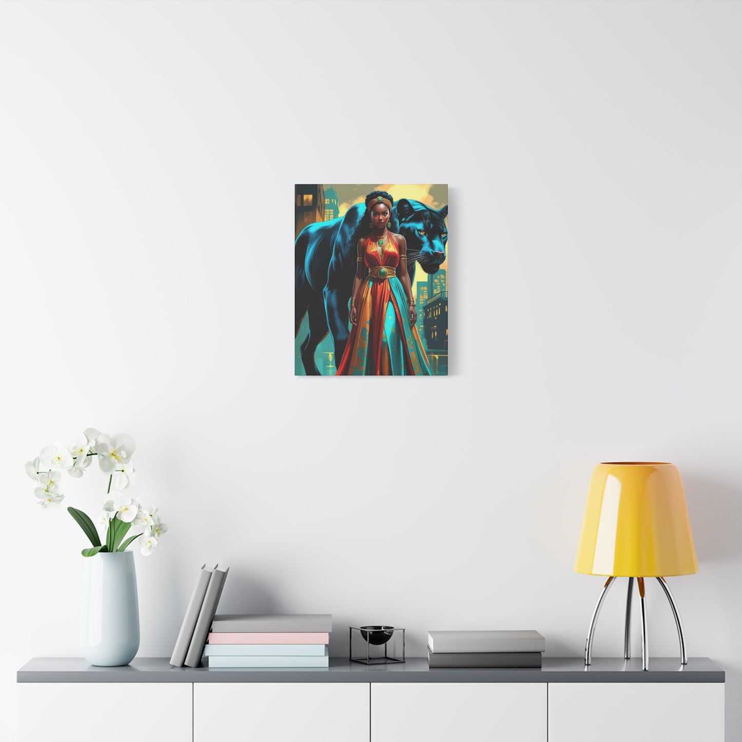 Regal Panther Guardian Matte Canvas Wall Art — Afrocentric Queen in Vibrant Gown