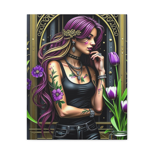 Gothic Floral Woman Matte Canvas Art — Purple Hair Tattooed Portrait, Stretched Wall Print