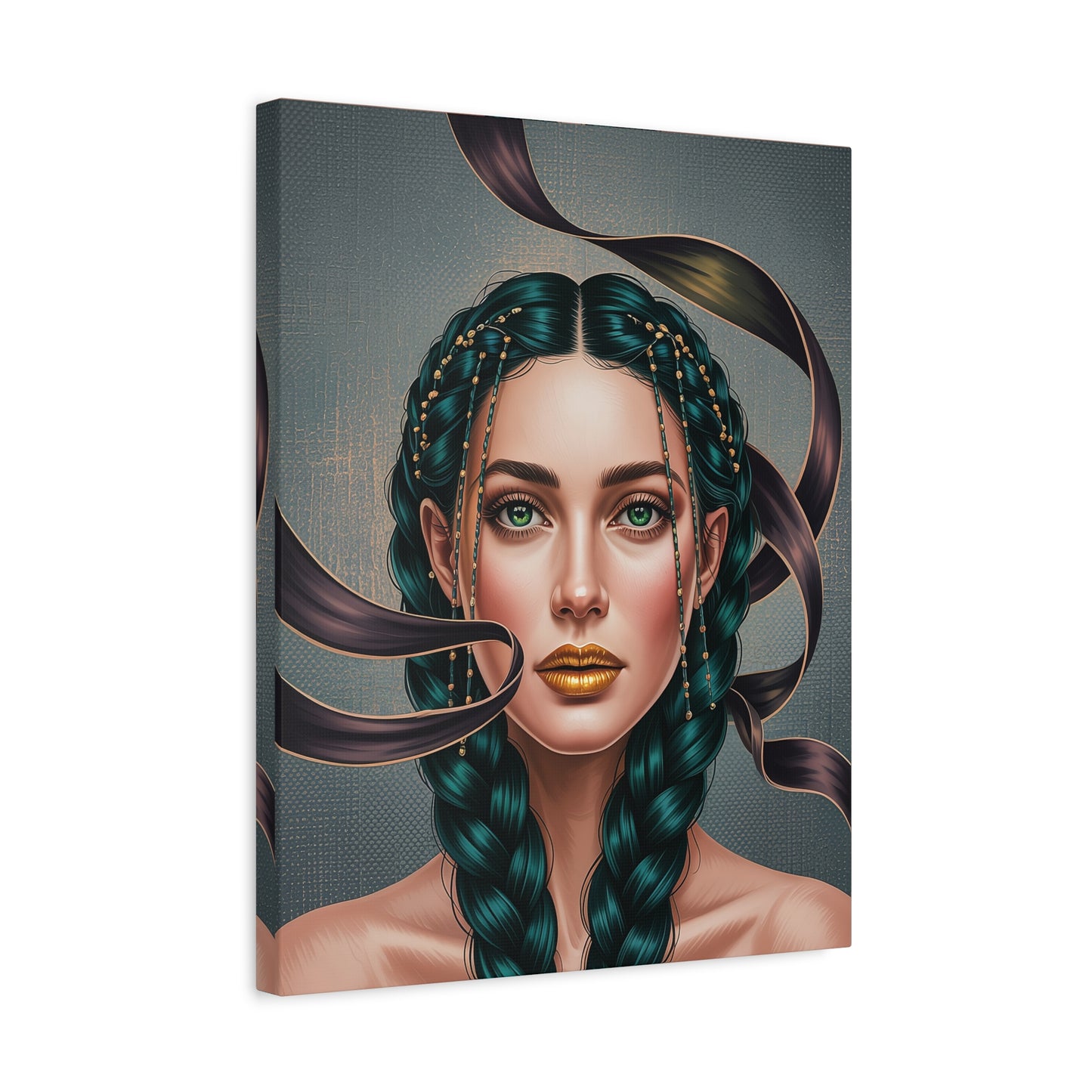 Goddess Portrait Matte Canvas Print — Teal Braided Hair Wall Art