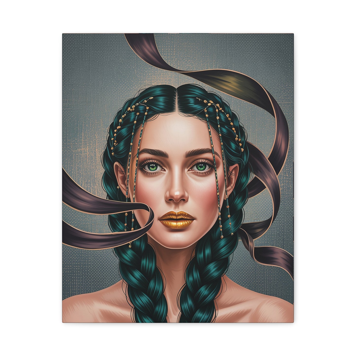Goddess Portrait Matte Canvas Print — Teal Braided Hair Wall Art
