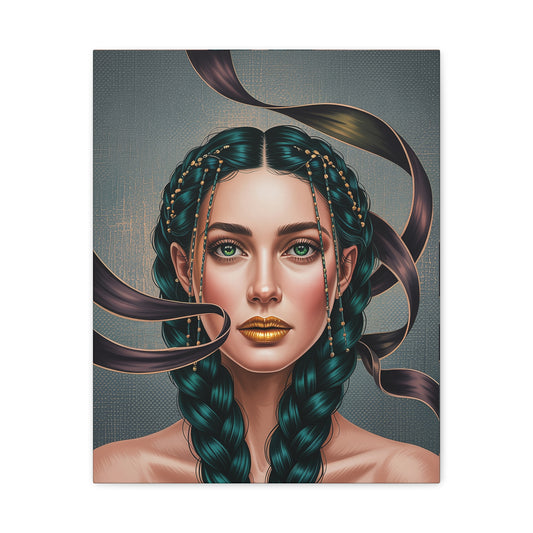 Goddess Portrait Matte Canvas Print — Teal Braided Hair Wall Art