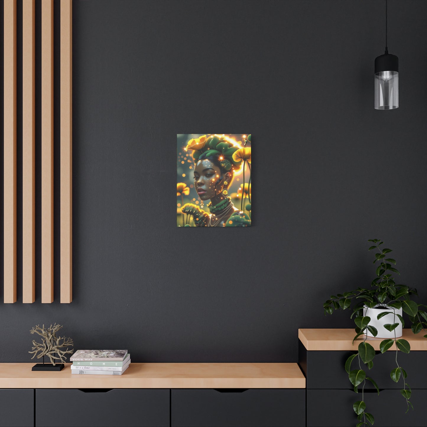 Floral Goddess Matte Canvas Wall Art — Ethereal Portrait with Golden Poppies