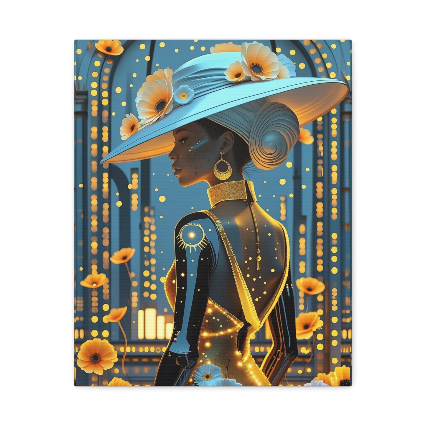 Elegant Futuristic Woman Canvas Print — Floral Hat Portrait Matte Stretched Art