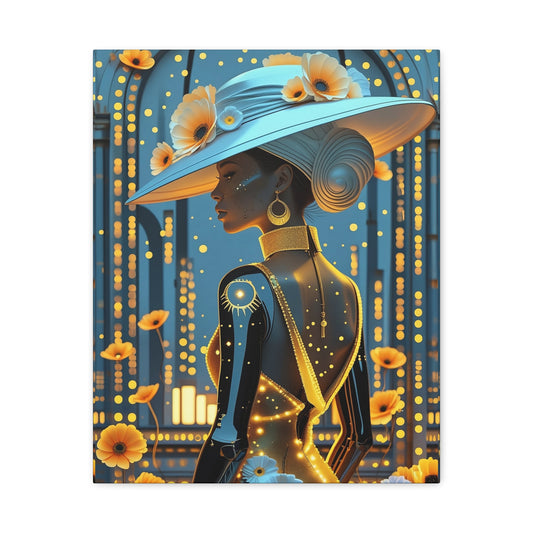 Elegant Futuristic Woman Canvas Print — Floral Hat Portrait Matte Stretched Art