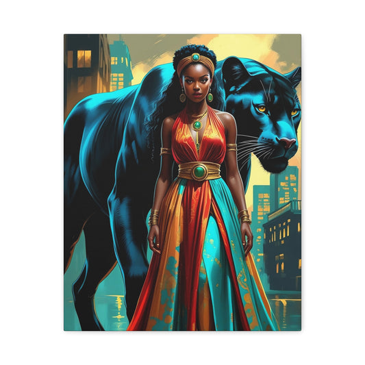 Regal Panther Guardian Matte Canvas Wall Art — Afrocentric Queen in Vibrant Gown