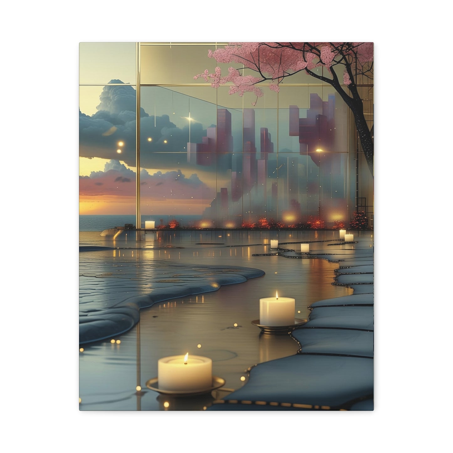 Tranquil Shoreline Canvas Print — Serenity Candles & Cherry Blossom Wall Art
