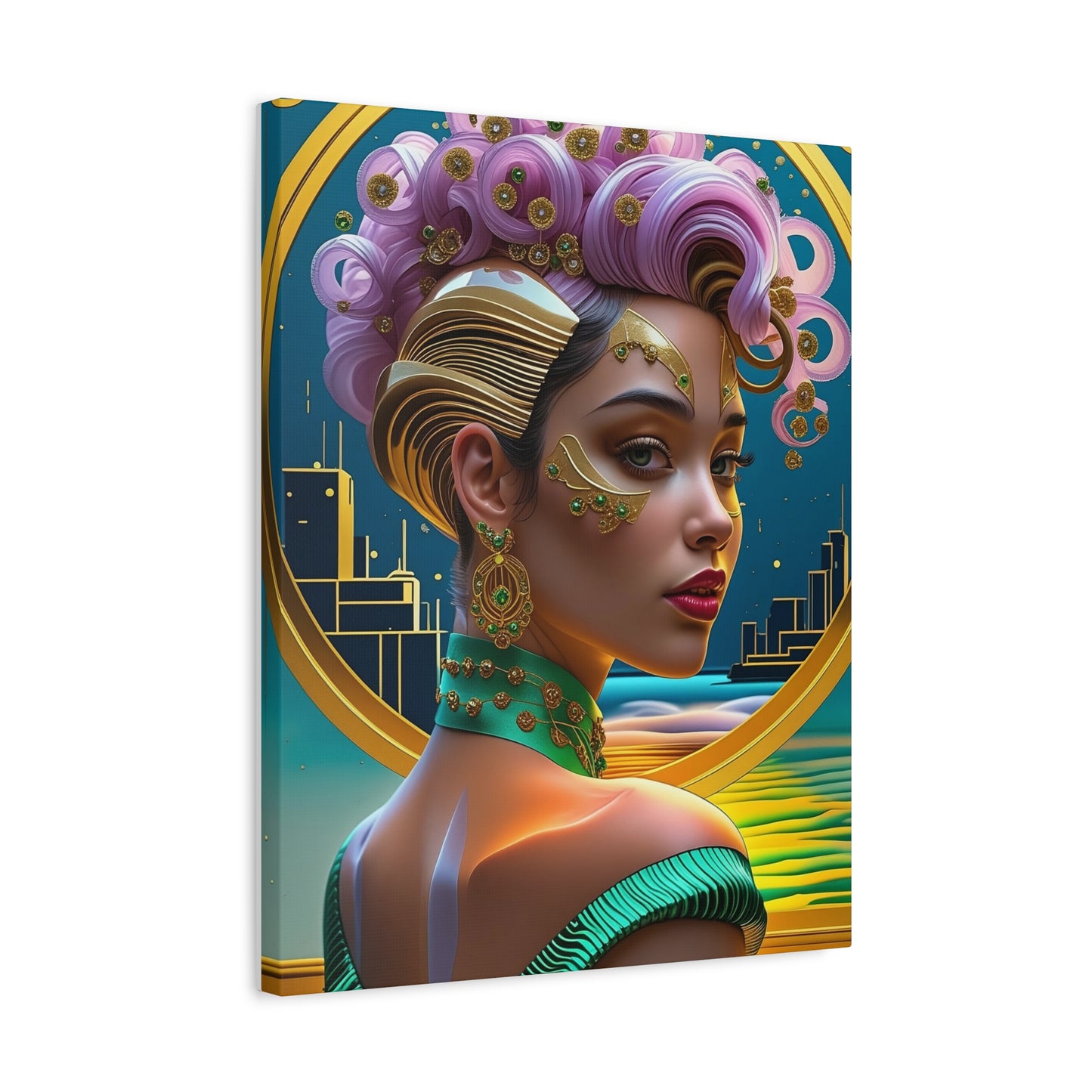 Art Deco Portrait Canvas — Futuristic Femme Matte Stretched Wall Art
