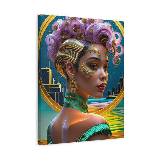 Art Deco Portrait Canvas — Futuristic Femme Matte Stretched Wall Art